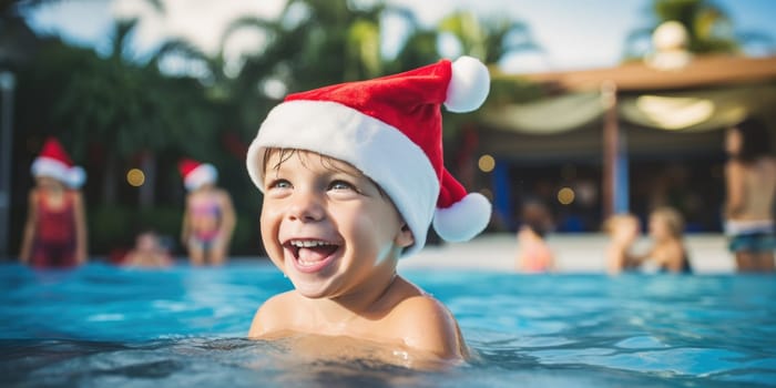 Celebrating christmas and new year in hot countries. portrait of a happy boy in santa hat celebrating christmas in pool party. AI Generated