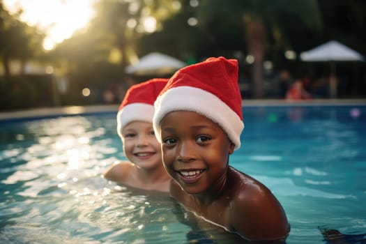 Celebrating christmas and new year in hot countries. happy group of kids in santa hat celebrating christmas in pool party. AI Generated