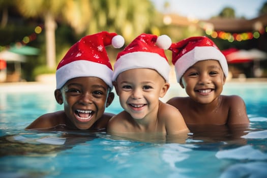 Celebrating christmas and new year in hot countries. happy group of kids in santa hat celebrating christmas in pool party. AI Generated