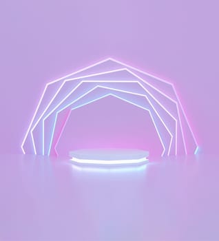 Neon podium for cosmetics teenager people on pink background. 3D rendering.