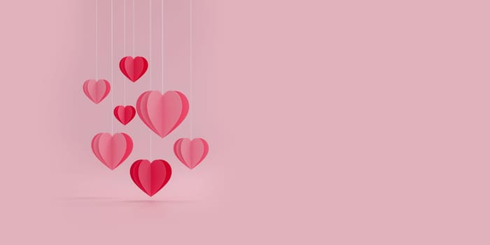 Panoramic of Paper cur Heart balloon floating on Pink background. Happy Valentine's Day. 3d rendering.