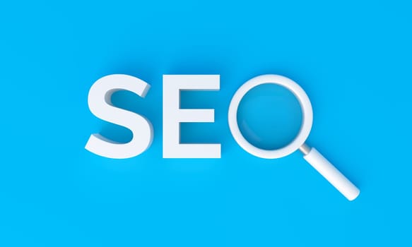 SEO search engine optimization with magnifying glass on blue background. 3D render.