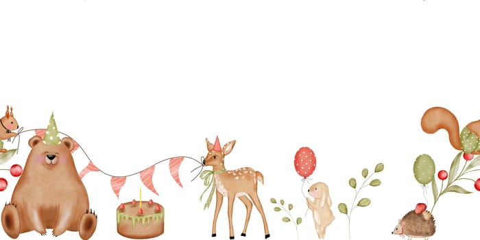Watercolor illustration isolated seamless border with cute forest animals bear, fawn, squirrel, hare, hedgehog and birthday cake. Birthday theme pattern. Fabric edge. For the design of banners and cards