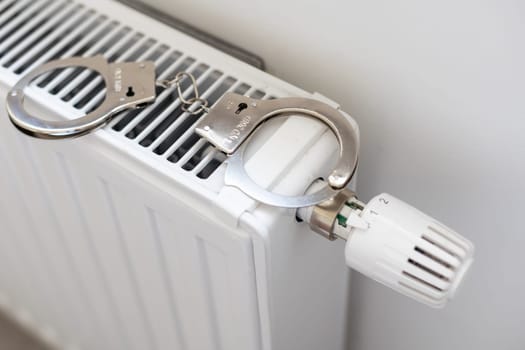 Handcuffs on the radiator. Police handcuffs and collar. High quality photo