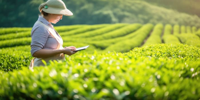 High land farmer using clipboard to record the data in organic tea plantation. AI Generated