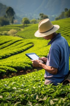 High land farmer using clipboard to record the data in organic tea plantation. AI Generated