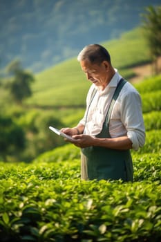 High land farmer using clipboard to record the data in organic tea plantation. AI Generated