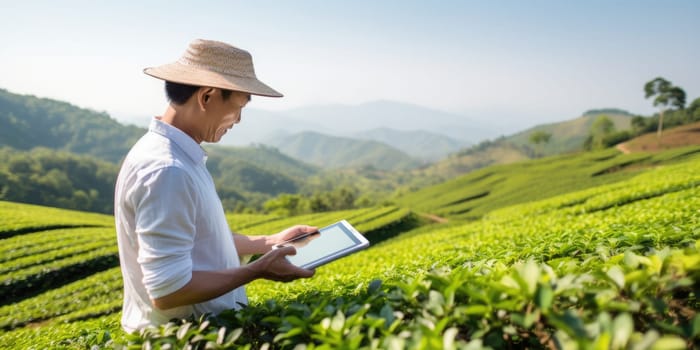 High land farmer using clipboard to record the data in organic tea plantation. AI Generated