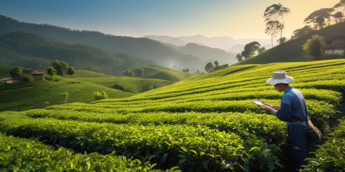 High land farmer using clipboard to record the data in organic tea plantation. AI Generated