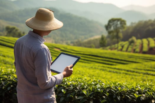 High land farmer using clipboard to record the data in organic tea plantation. AI Generated