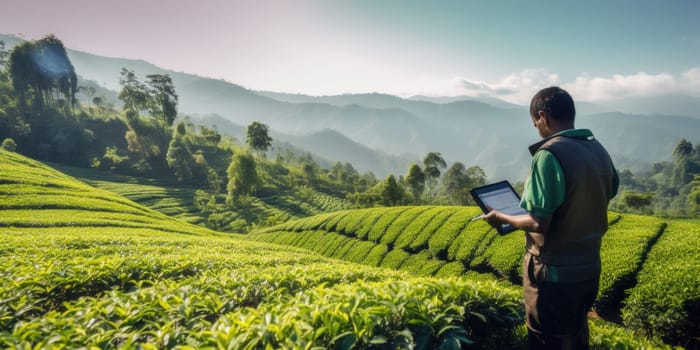 High land farmer using clipboard to record the data in organic tea plantation. AI Generated