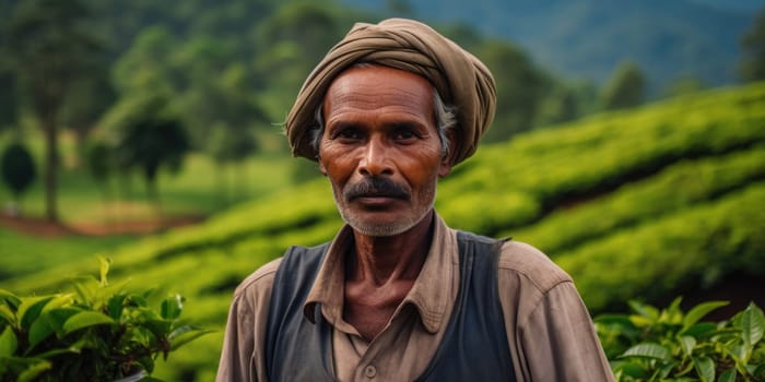 Portrait of a tea plantation worker on tea plantation background. AI Generated