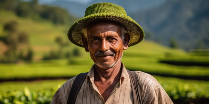 Portrait of a tea plantation worker on tea plantation background. AI Generated