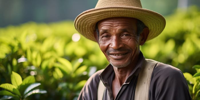 Portrait of a tea plantation worker on tea plantation background. AI Generated