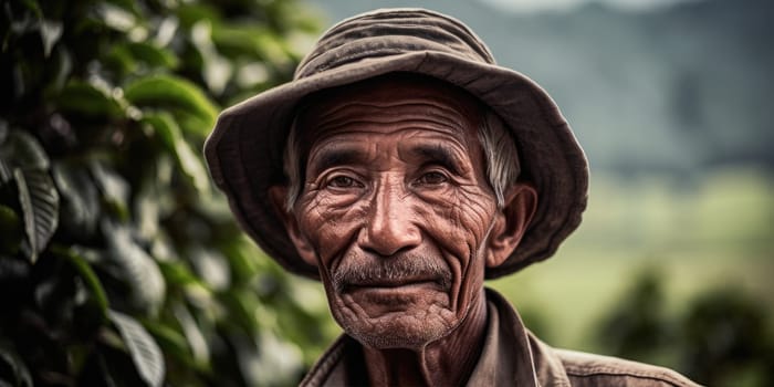 Portrait of a tea plantation worker on tea plantation background. AI Generated