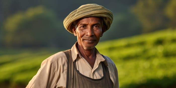 Portrait of a tea plantation worker on tea plantation background. AI Generated