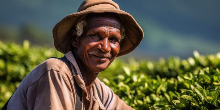 Portrait of a tea plantation worker on tea plantation background. AI Generated