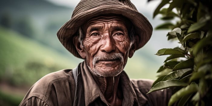 Portrait of a tea plantation worker on tea plantation background. AI Generated