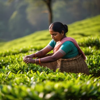 Female farmers collecting tea at tea plantation. AI Generated