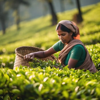 Female farmers collecting tea at tea plantation. AI Generated