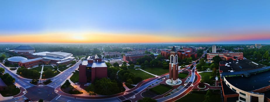 Image of Sunrise Shafer Tower panorama Ball State University aerial Muncie Indiana