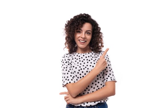young smart caucasian woman with curly perm hair on a white background.