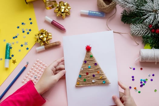 DIY concept. How to make Christmas card. New Year idea for children. Step-by-step photo instructions.