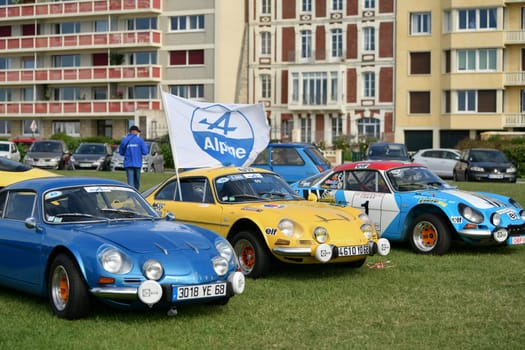 DIEPPE, FRANCE - MAY 29, 2022: Retro Alpine cars modele 110 Berlinette V85 on the exposition Vintage and classic Cars.