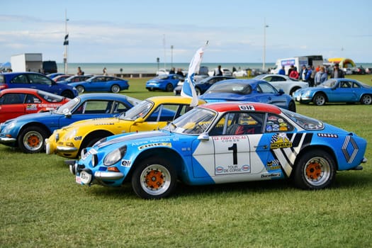 DIEPPE, FRANCE - MAY 29, 2022: Retro Alpine cars modele 110 Berlinette V85 on the exposition Vintage and classic Cars.