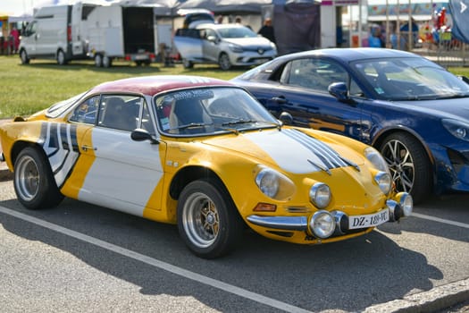 DIEPPE, FRANCE - MAY 29, 2022: Retro Alpine cars modele 110 Berlinette V85 on the exposition Vintage and classic Cars.