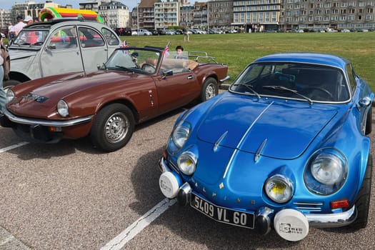 DIEPPE, FRANCE - MAY, 15, 2022: Retro Alpine cars modele 110 Berlinette V85 on the exposition Vintage and classic Cars.