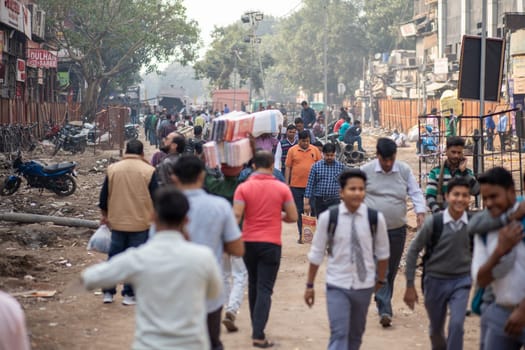 Old Delhi, India - December 4, 2019: A busy street at the Spice Market Khari Baoli in Old Delhi.