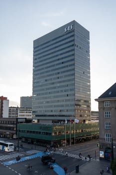 Copenhagen, Denmark - July 14, 2023: Exterior view of the Radisson Collection Royal Hotel designed by Arne Jacobsen and completed in 1961.