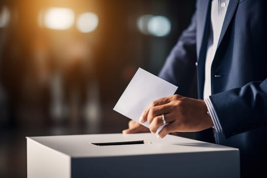 A male voter places a ballot in the ballot box. The concept of freedom, democracy. Blurred background.