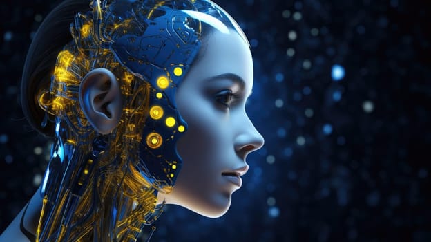 AI Artificial Intelligence concept. Woman robot face with brain of digital technology for deep learning, Machine learning and Singularity.