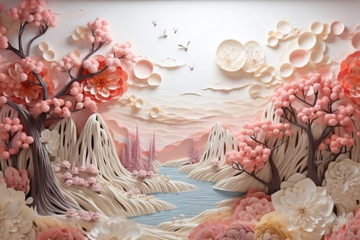 Landscape in cut paper style. Paper 3D landscape with trees and flowers in pastel colors.
