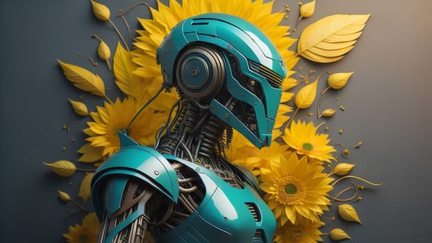 Cyborg with helmet and sunflowers. generative ai