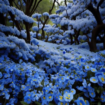 Beautiful spring landscape with blue flowers and snow in the park. generative ai