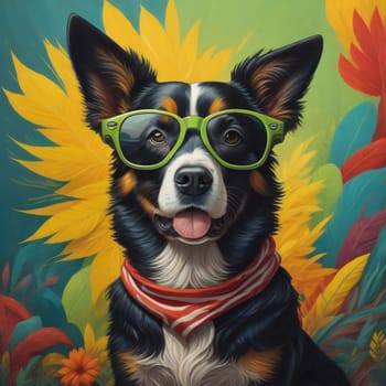 Portrait of a dog with glasses and a scarf on a background of flowers. generative ai