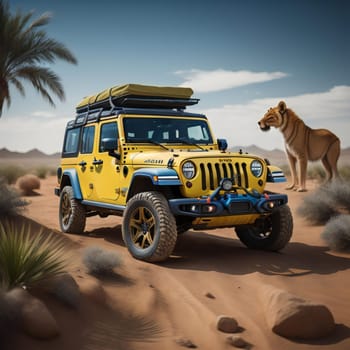 a yellow safari car in the desert. generative ai