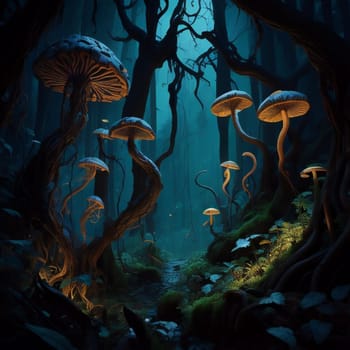 Fantasy landscape with mushrooms in the forest. generative ai