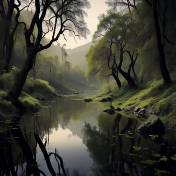 Beautiful nature landscape with river and trees in the forest. generative ai