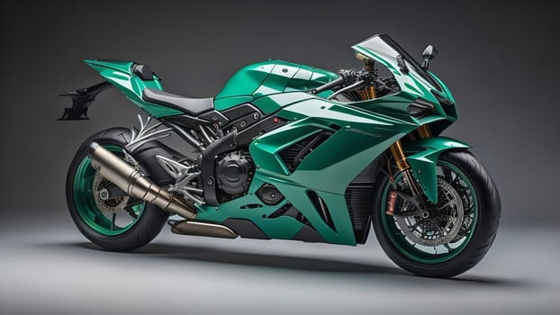 Dark green super sports motorcycle on a gray background. generative ai