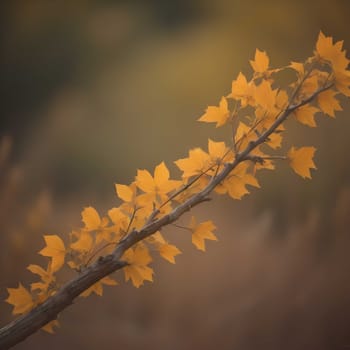 Autumn background with yellow maple leaves on a branch in the forest. generative ai