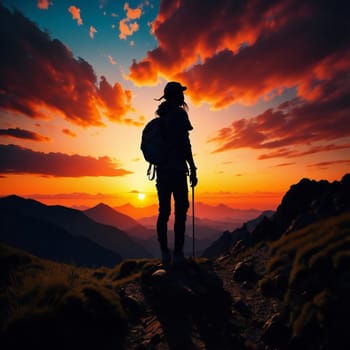 Silhouette of a man with a backpack and trekking poles on the background of the sunset.