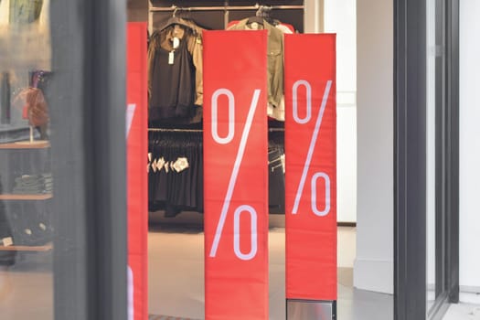 Showcase shops with a stand about sales