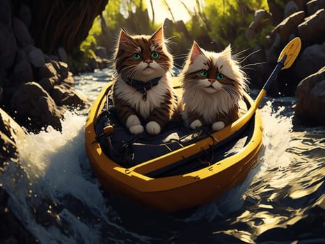 Two cats in a kayak on the river. generative ai