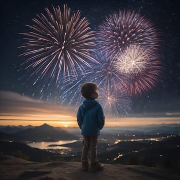 Little boy looking at fireworks in the night sky over the mountains. generative ai