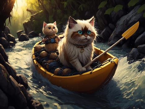 Two cats in a boat on the river. generative ai