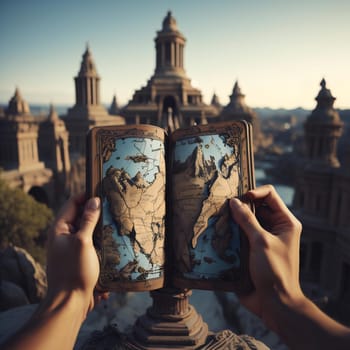 Hands holding a book in front of the city of Madrid. generative ai